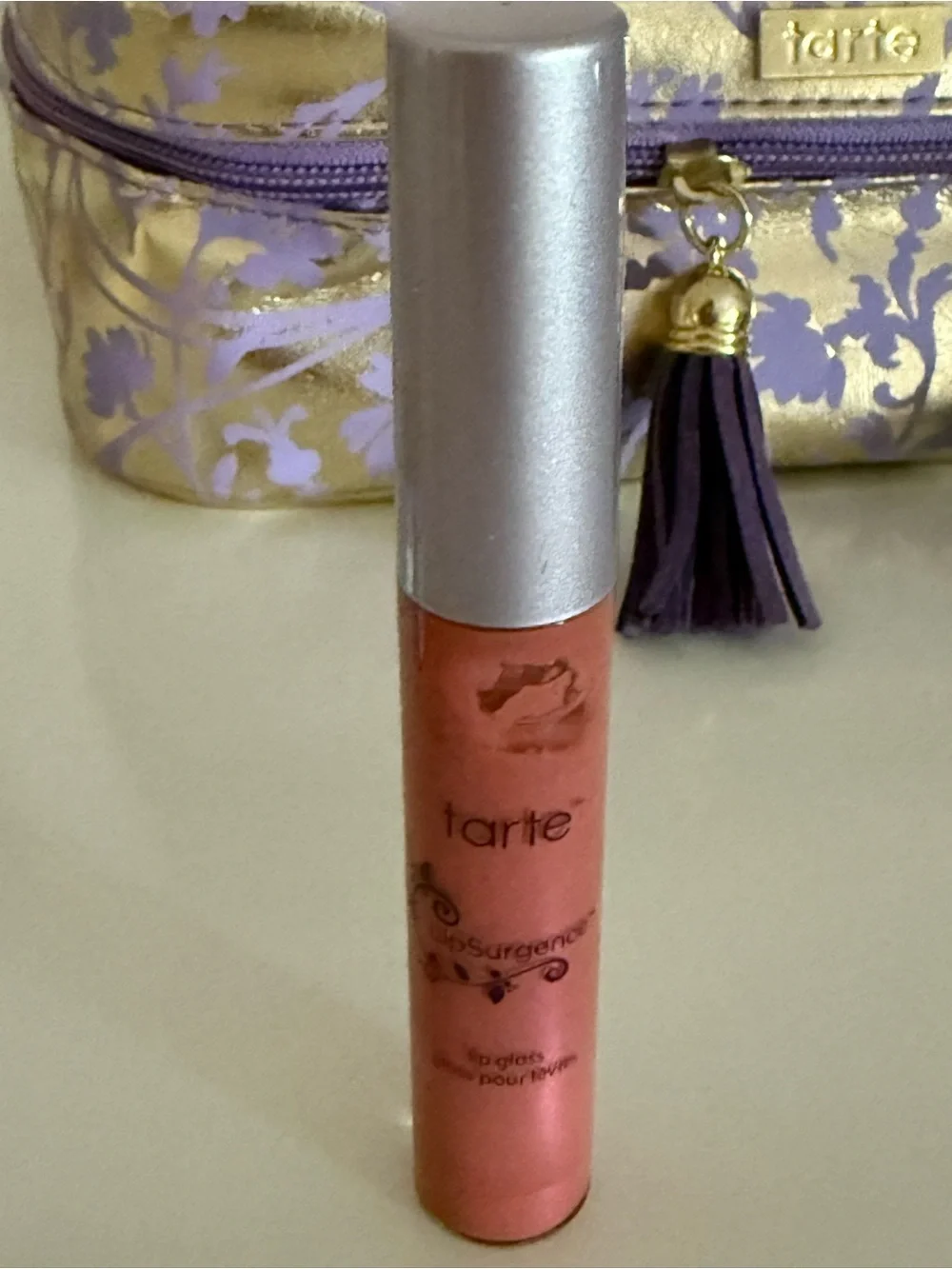 tarte Lip Gloss & Balm, blush and powder Set with Purple Tassel Cosmetic Bag